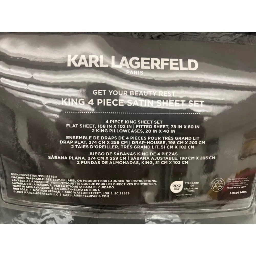 Karl Lagerfeld Black 4 Piece Satin King Sheet Set New